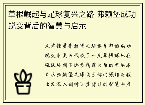 草根崛起与足球复兴之路 弗赖堡成功蜕变背后的智慧与启示